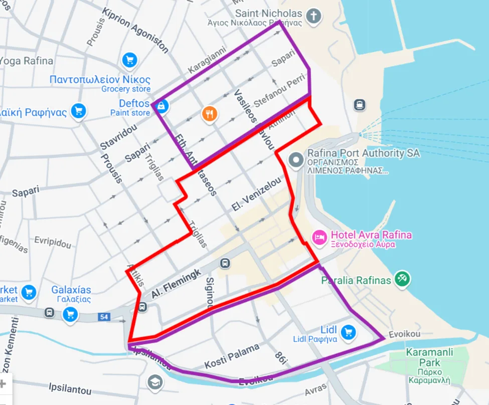 Map of the Municipality of Rafina-Pikermi controlled street-parking zones around Rafina port